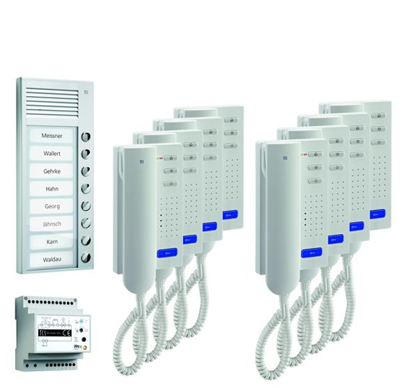 TCS ajtóvezérlő rendszer audio: AP csomag 8 lakóegységhez, kültéri állomással PAK 8 csengőgombok, 8x ISH3030 ajtótelefon, BVS20 vezérlőkészülék, PPA08-EN/02