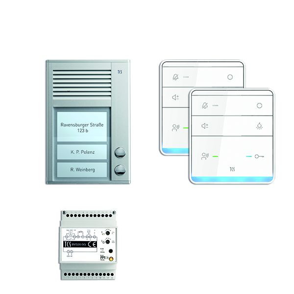 System sterowania drzwiami TCS audio: pakiet AP na 2 jednostki mieszkalne, ze stacją zewnętrzną PAK 2 przyciski dzwonka, 2x zestaw głośnomówiący ISW5010, centrala BVS20, PSC2320-0000