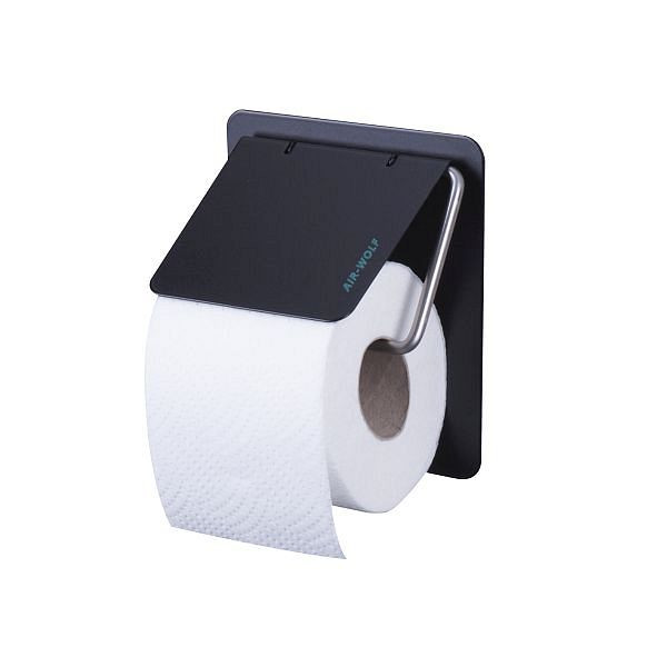 Air Wolf toiletpapirholder, Omega-serien, H x B x D: 155 x 130 x 117 mm, matsort belagt rustfrit stål, 29-532