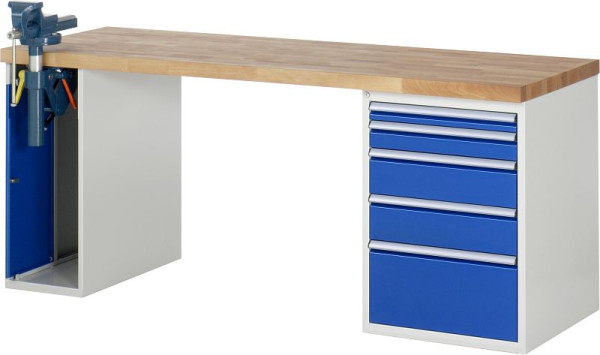 Pracovní stůl RAU série 7000 - modulární provedení, 5 x zásuvka, 1 x skříňka na svěrák, 2000x840x700 mm, 03-7511A2-207B4S.11