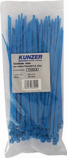 Kunzer kabelbindere 200 x 4,8 blå (100 styk) aftagelige, 71042LB