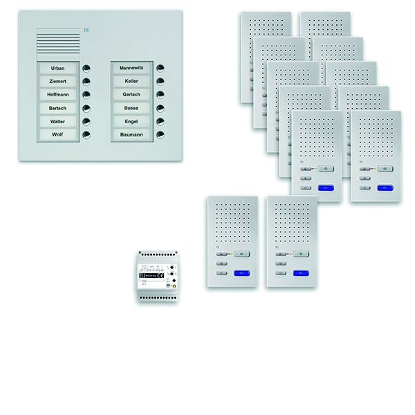 Sistem de control al ușii TCS audio: pachet UP pentru 12 unități rezidențiale, stație exterioară PUK 12 butoane sonerie cu 2 coloane, 12 x difuzor mâini libere ISW3030, control, PPUF12 / 2-EN / 02