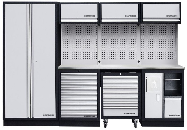 Kraftwerk MOBILIO 4-elementowy system szafek warsztatowych, w tym szafka na kółkach i nierdzewny blat ze stali nierdzewnej, z kwadratową perforowaną ścianą, 3964DIX