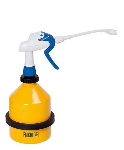 Puszka sprayu DENIOS wykonana ze stali, z nasadką natryskową i zintegrowanym mechanizmem pompki, żółta