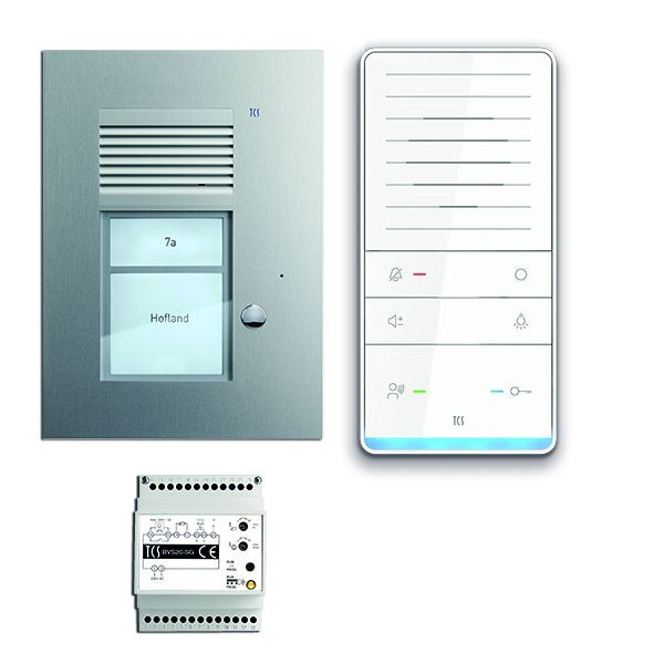 Σύστημα ελέγχου πόρτας TCS ήχου: πακέτο UP για 1 οικιακή μονάδα, με μπροστινή θέση PUK, 1 κουμπί κουδουνιού, 1x ηχείο hands-free ISW5031, μονάδα ελέγχου BVS20, PAUF011/001