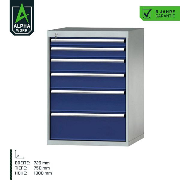 Alpha Work zásuvková skříň Basic, 725 x 1000 x 750 mm, korpus: světle šedá, čelo: hořcová modrá, instalační rozměry: 900 mm, dělení: 36x36 jednotek, 07276
