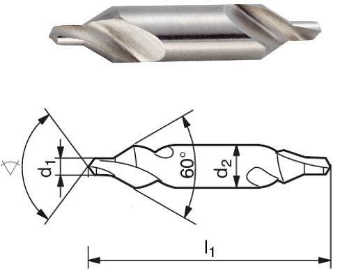 Broca central ELMAG DIN 333 forma A, Ø de perfuração: 5, 00 x Ø da haste: 12,50 mm, comprimento: 63 mm, ranhura em espiral, ângulo de embeber de 60°, corte à direita, feita de HSS, 89075