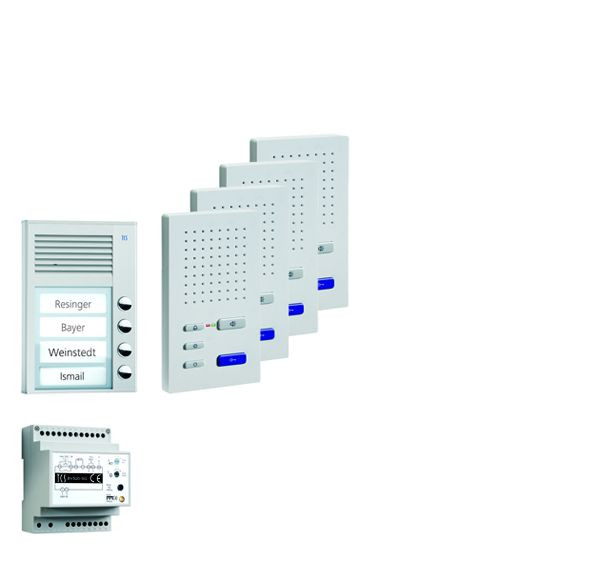 Sistem de control al ușii TCS audio: pachet AP pentru 4 unități rezidențiale, cu stație exterioară PAK 4 butoane sonerie, 4x difuzor mâini libere ISW3030, unitate de control BVS20, PPAF04-EN / 02