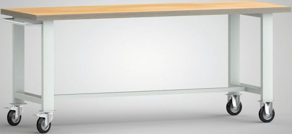 Przenośny standardowy stół warsztatowy KLW, 2000 x 700 x 840 mm, z blatem z multipleksu bukowego, z uchwytem do prowadzenia i 2 kółkami skrętnymi, WS800N-2000M40-X1890
