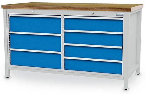 Bedrunka+Hirth box arbejdsbord 1500, med 7 skuffer, forskellige panelhøjder, 1500x750x859 mm, 03.15.34VA