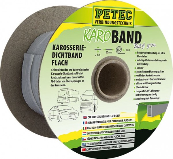Petec Karo - Tape, kropsforseglingstape, butyl, flad, grå, 20 mm x 2 mm x 16 m, 87520