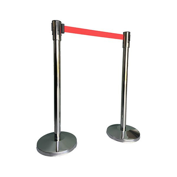 Stâlp barieră VEBA din oțel inoxidabil cromat cu centură roșie, lungime barieră 200 cm, bază Ø 32 cm, stâlp Ø 5 cm, înălțime 99 cm, 8,5 kg, 10104SR