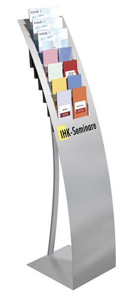 Stojak na broszury Kerkmann Varia 7 x DIN A4, szer. 320 x gł. 340 x wys. 1320 mm, aluminium srebrny, 41650914
