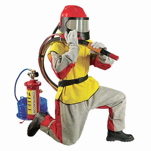 Contracor SafePack-Aspect včetně vzduchového filtru na dýchání a hadice, pískovací oblek, kožené pískovací rukavice, ochranné kotouče, tryskací helma, 10130906