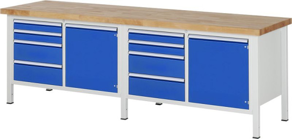 Stół warsztatowy RAU seria 8000 - konstrukcja ramowa (rama spawana), 8 x szuflady, 2 x drzwi, 2 x półki, 2500x840x700 mm, 03-8470A2-257B4S.11