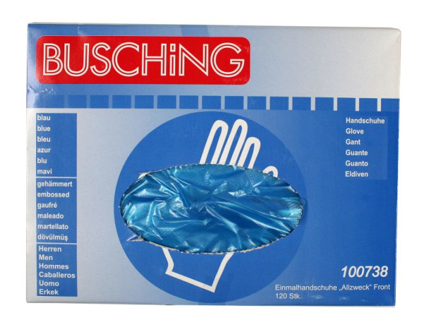 Busching kertakäyttöhanskat "yleiskäyttöiset" siniset, irrotus edestä, 1 x annostelulaatikko (120 kpl), pakkaus 10 kpl, 100738