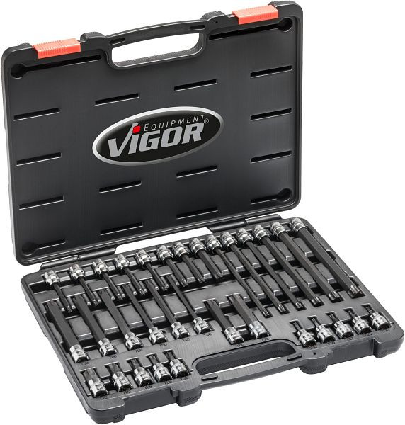 Conjunto de pontas para chave de fenda VIGOR TORX, quadrado oco 10 mm (3/8 pol.), perfil TORX interno, T20 - T70, número de ferramentas: 32, V6017