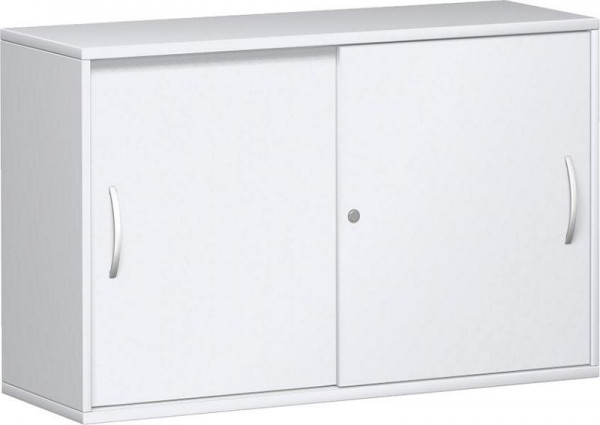 Skříňka geramöbel s posuvnými dveřmi se středovým panelem, 2 ozdobné police, uzamykatelná, 1200x425x768, bílá/bílá, N-10S212-WW