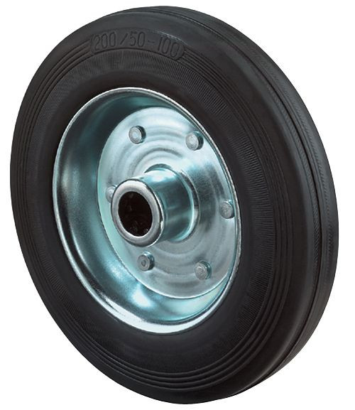 BS hjul gummihjul, hjulbredde 50 mm, hjul Ø 200 mm, bæreevne 205 kg, sort gummimønster, hjulhus galvaniseret stålfælg, rulleleje, B55.200