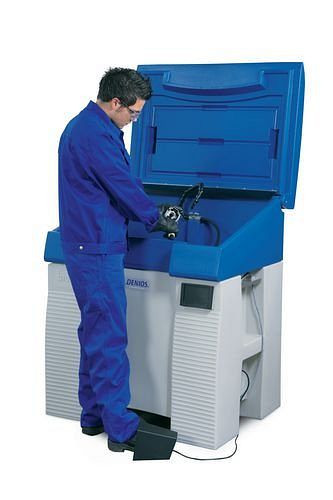 DENIOS Safety Cleaner L 500, zařízení na čištění dílů z PE na rozpouštědla, s ochranným krytem, 178-520