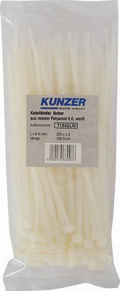 Kunzer kabelbinders 200 x 4,8 wit (100 stuks) afneembaar, 71042LW