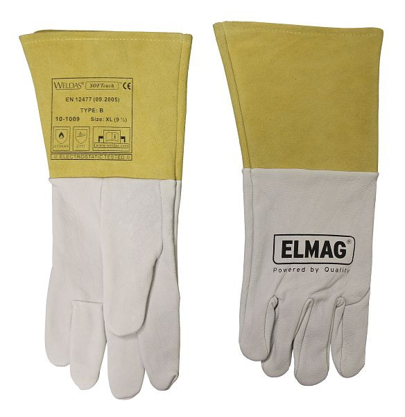Rękawice spawalnicze ELMAG 5-palcowe WELDAS 10-1009 L, TIG/TIG wykonane z pełnej skóry koziej z mankietem z dwoiny bydlęcej, długość 35 cm, rozm. 9 (1 para), 59151