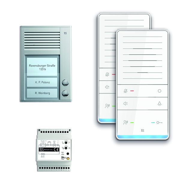 System kontroli drzwi TCS audio: pakiet AP dla 2 jednostek mieszkalnych, ze stacją zewnętrzną PAK 2 przyciski dzwonka, 2x zestaw głośnomówiący ISW5031, jednostka sterująca BVS20, PAAF021/001