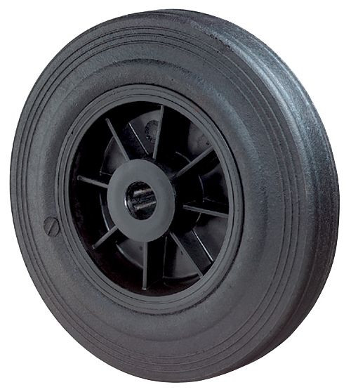 BS kerekek gumi kerék, kerékszélesség 37,5 mm, kerék Ø 125 mm, teherbírás 100 kg, fekete gumi futófelület, műanyag keréktest, görgős csapágy, B45.125