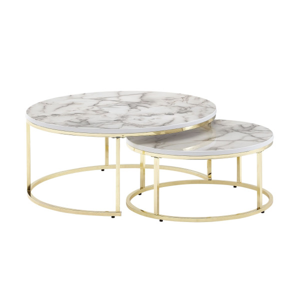 Conjunto de mesa de centro Wohnling com 2 mesas de sofá redondas modernas com aspecto de mármore dourado branco, mesas de centro de metal de 2 peças, mesas redondas de sala de estar, mesas de aninhamento de design, WL6.508
