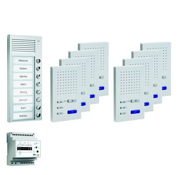 System sterowania drzwiami TCS audio: pakiet AP na 8 jednostek mieszkalnych, ze stacją zewnętrzną PAK 8 przycisków dzwonkowych, 8x zestaw głośnomówiący ISW3030, centrala BVS20, PPAF08-PL / 02