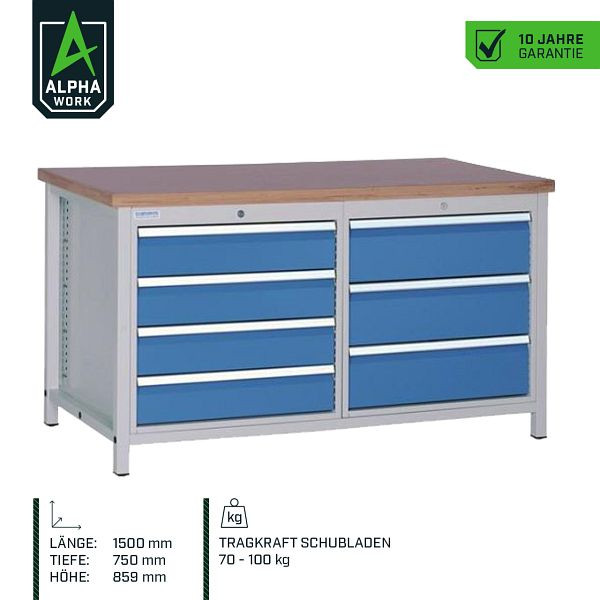 Alpha Work-arbejdsbord, 1500 x 859 x 750 mm, hus: lysegrå, paneler: ensianblå, forskellige panelhøjder, 07673