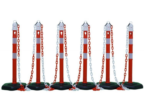 Kettingpalen set van 6 "Jumbo" van kunststof, hoogte: 1m, Ø63mm, inclusief afzetketting, rood/wit, retroreflecterende strepen, 11740