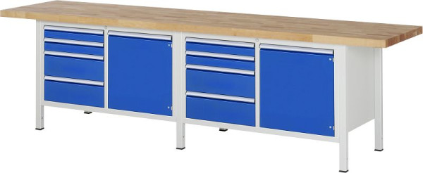Pracovní stůl RAU série 8000 - rámová konstrukce (svařovaný rám), 9 x zásuvky, 2 x dvířka, 2 x police, 3000x840x700 mm, 03-8470A2-307B4S.11