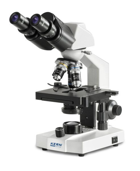 KERN optik transmitteret lys mikroskop (skole) binokulær achromat 4/10/40; WF10x18; 0,5W LED, genopladning, mekanisk trin, OBS 106