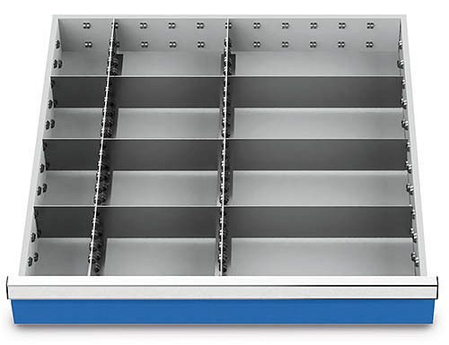 Wkłady do szuflad Bedrunka+Hirth T736 R 24-24, dla wysokości panelu 100/125 mm, 2 x MF 600 mm, 3 x TW 100 mm, 3 x TW 200 mm, 3 x TW 300 mm, 147BLH100