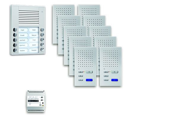 Sistem de control al ușii TCS audio: pachet AP pentru 10 unități rezidențiale, cu stație exterioară PES 10 butoane sonerie, 10x difuzor mâini libere ISW3030, unitate de control, PPAF10-EN / 02