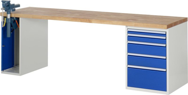 Pracovní stůl RAU série 7000 - modulární provedení, 5 x zásuvka, 1 x skříňka na svěrák, 2500x840x700 mm, 03-7511A2-257B4S.11