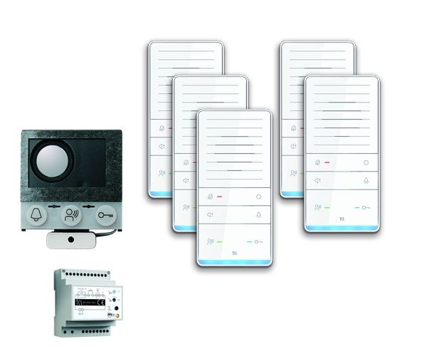 TCS deurbedieningssysteem audio: pakketinstallatie voor 5 wooneenheden, met ingebouwde luidspreker ASI12000, 5x handsfree luidspreker ISW5031, besturingseenheid BVS20, PAIF050 / 002