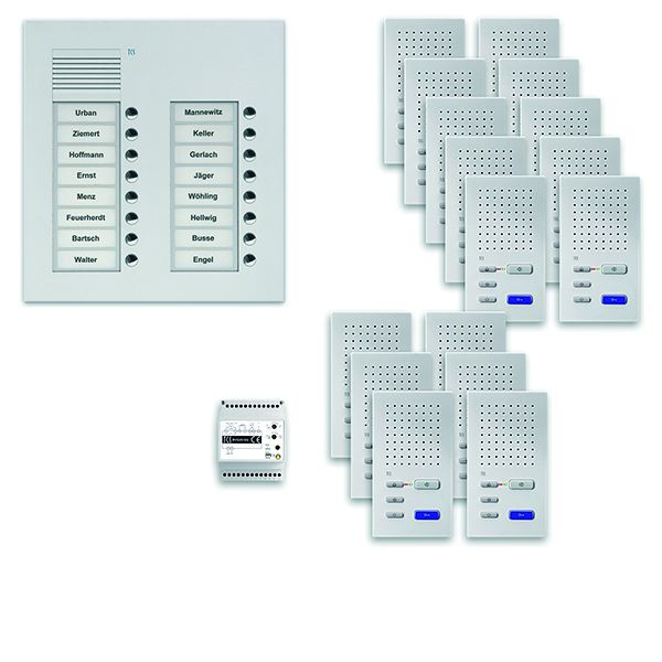 Sistem de control al ușii TCS audio: pachet UP pentru 16 unități rezidențiale, stație exterioară PUK 16 butoane sonerie cu 2 coloane, 16 x difuzor mâini libere ISW3030, control, PPUF16 / 2-EN / 02