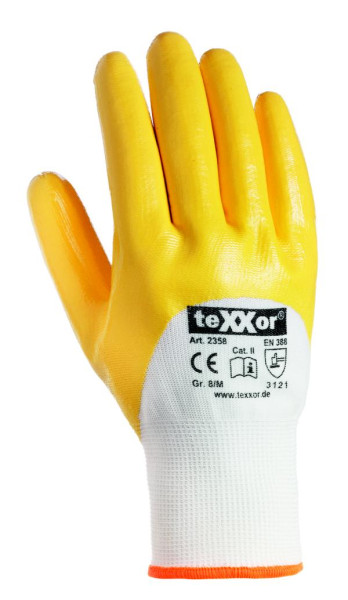 teXXor polyester gebreide handschoenen NITRILE COATED, maat: 10, kleur: wit/geel, verpakking: 144 paar, 2358-10