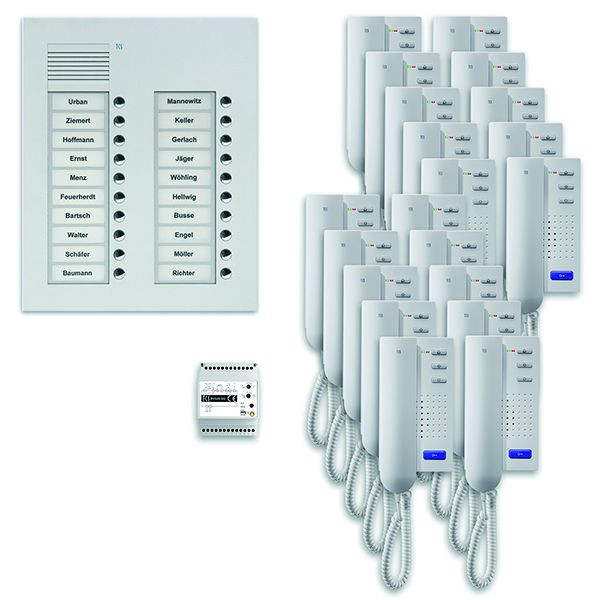 Sistem de control al ușii TCS audio: pachet UP pentru 20 de unități rezidențiale, cu stație exterioară PUK 20 butoane sonerie cu 2 coloane, 20x telefon cu ușă ISH3030, control, PPU20 / 2-EN / 02