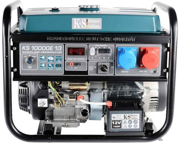 Könner & Söhnen 8000W benzine elektrische startstroomgenerator, 1x32A(230V)/1x16A(400V), 12V, voltregelaar, display, KS 10000E-1/3