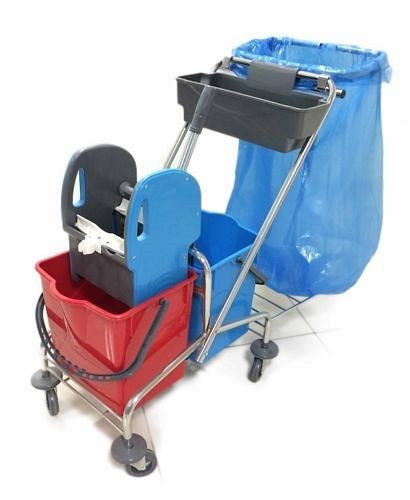 RMV profesionální dvojitý vozík/vozík stěračů Multi 2 x 18 litrů s policí a držákem pytlů na odpadky, RMV10.008
