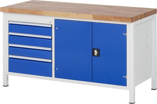 Pracovní stůl RAU série 8000 - rámová konstrukce (svařovaný rám), 4 x zásuvka, 1 přihrádka na nářadí, 1 x police, 1500x840x700 mm, 03-8905A2-157B4S.11