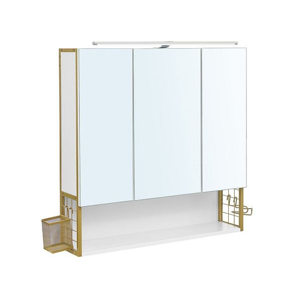 VASAGLE 3-deurs badkamerspiegelkast met verlichting en in hoogte verstelbare plank, goud, BBK124A10
