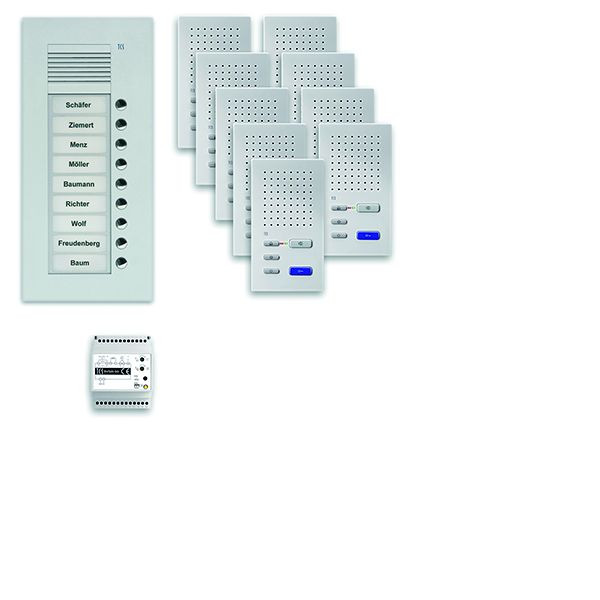 TCS ajtóvezérlő rendszer audio: UP csomag 9 lakóegységhez, PUK bejárati ajtó állomással, 9 csengőgombbal, 9x ISW3030 kihangosító hangszóróval, BVS20 vezérlőkészülékkel, PPUF09-HU/02