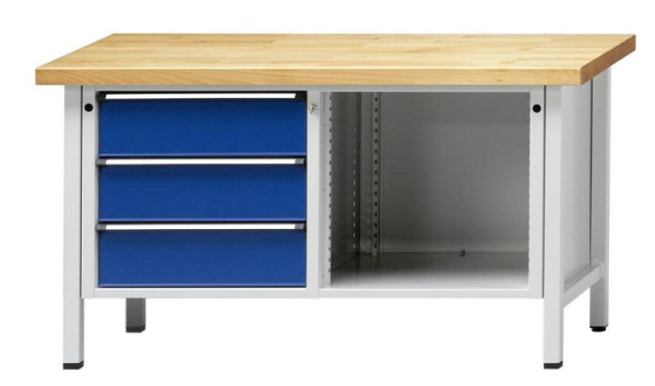 Pracovní stoly ANKE skříňový pracovní stůl; 1500x700x840mm; RAL 7035/5010; Deska z masivního buku 40 mm; Vlevo 3 zásuvky 180 mm; Pravá otevřená přihrádka, 300 300