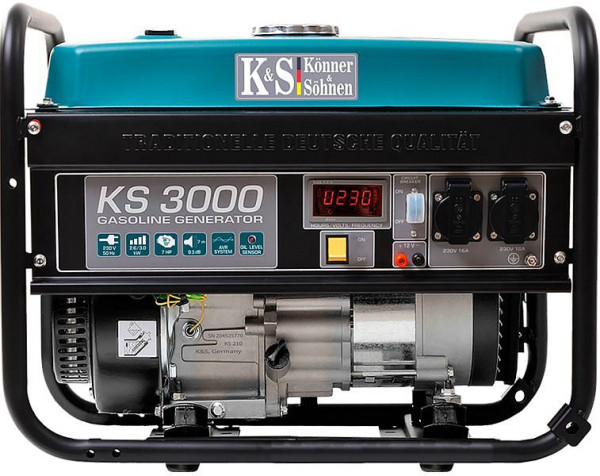 Könner & Söhnen 3000W benzinstrømgenerator, 2x16A (230V), 12V, voltregulator, lav oliebeskyttelse, overspændingsbeskyttelse, display, KS 3000
