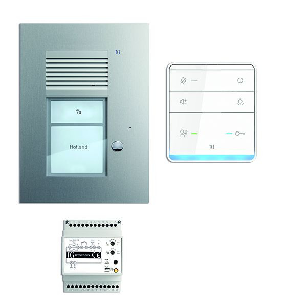 System sterowania drzwiami TCS audio: pakiet AP na 1 lokal mieszkalny, ze stacją zewnętrzną PUK 1 przycisk dzwonka, 1x zestaw głośnomówiący ISW5010, centrala BVS20, PSU2310-0000