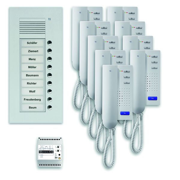 Sistema de comando de porta TCS áudio: pack UP para 9 unidades residenciais, com estação exterior PUK 9 botões de campainha, 9x telefone de porta ISH3030, central BVS20, PPU09-EN/02